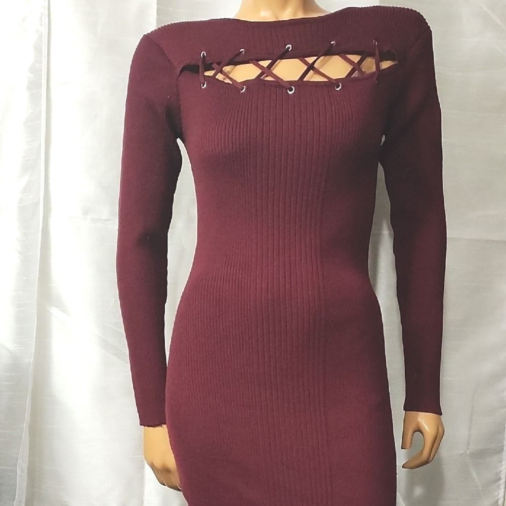 New Look Red Ribbed Cut Out Bodycon Dress